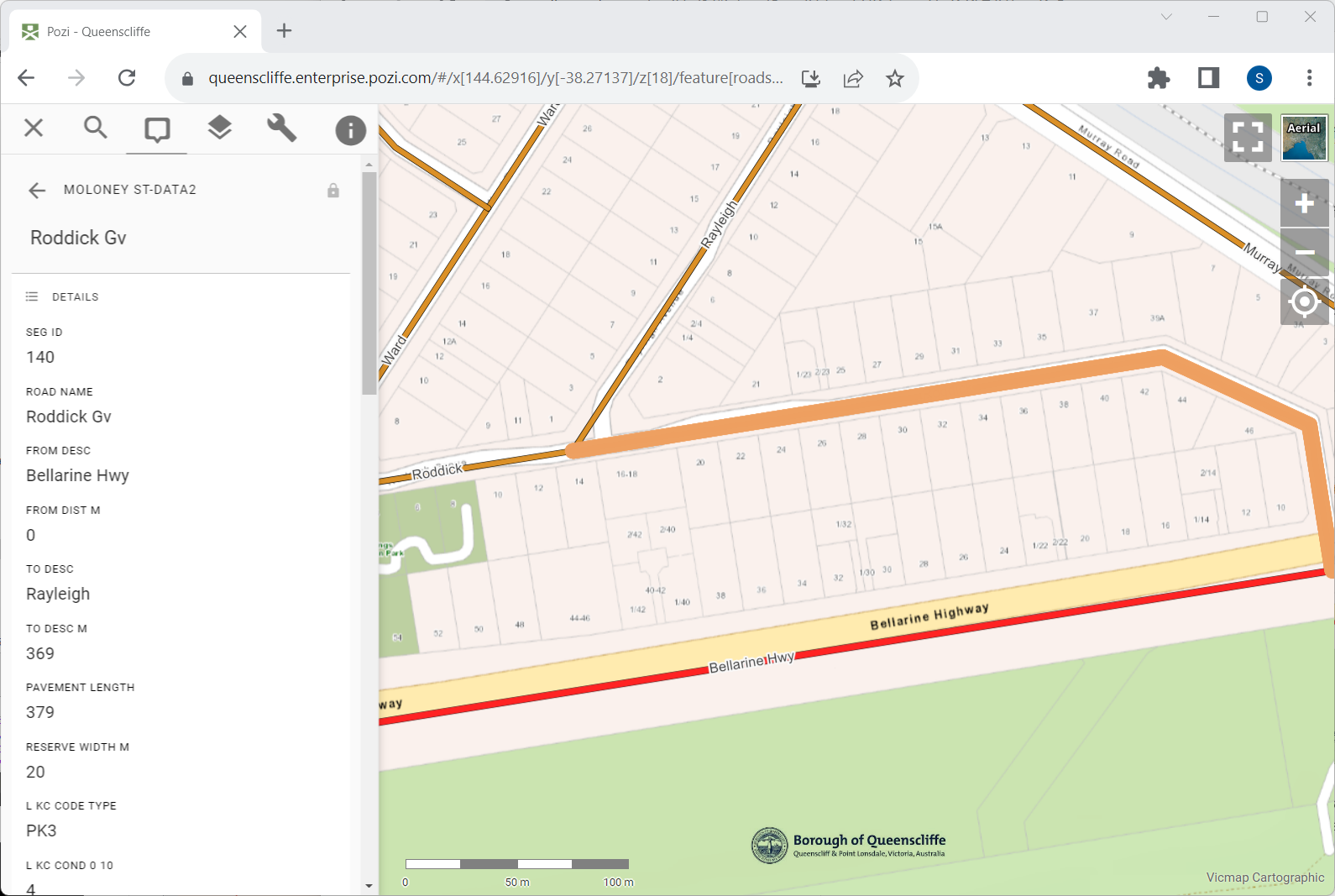 Pozi displays the attributes of a selected road segment directly from the Moloney spreadsheet