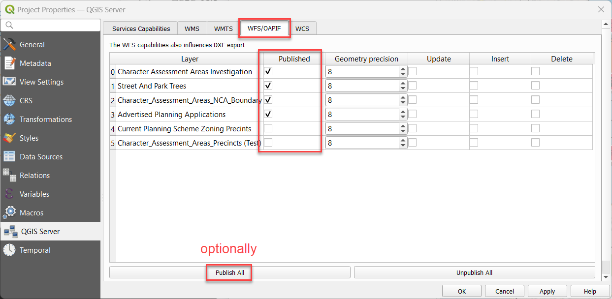 QGIS Project Properties WFS Configuration