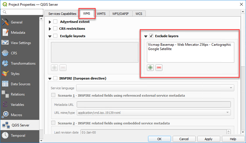 QGIS project WMS exclude layers